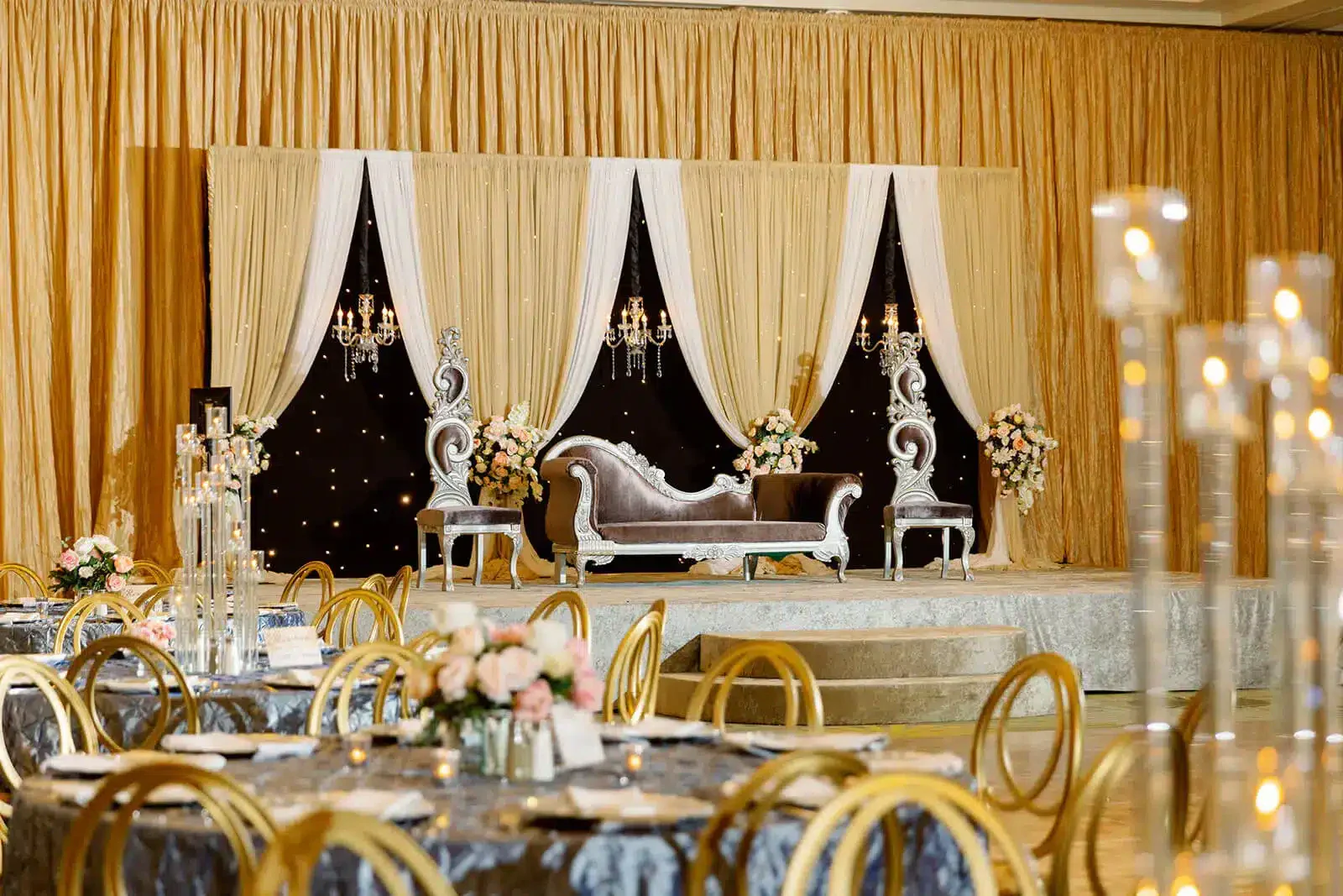 Bilingual wedding MC hosting South Asian reception program with professional audio system