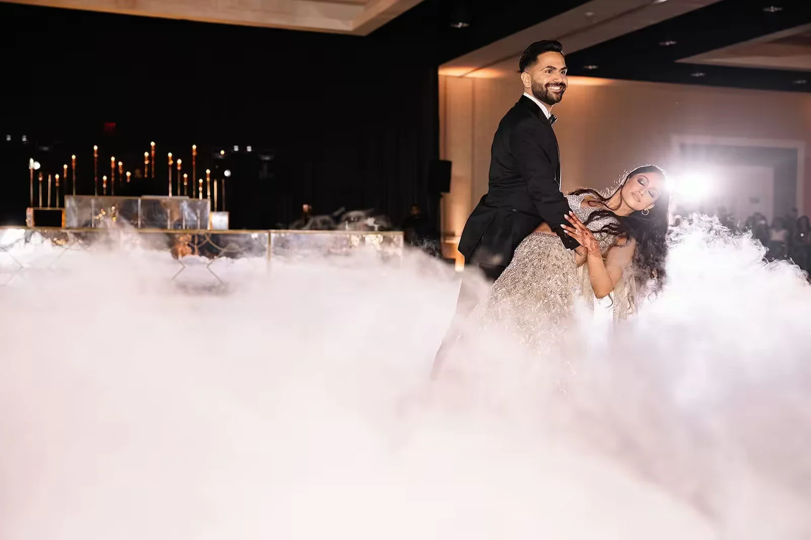 Indian, Pakistani & Punjabi wedding DJ and live dhol in Newark, DE, Dry ice cloud fog effect on wedding dance floor for first dance, Desi Decibel production