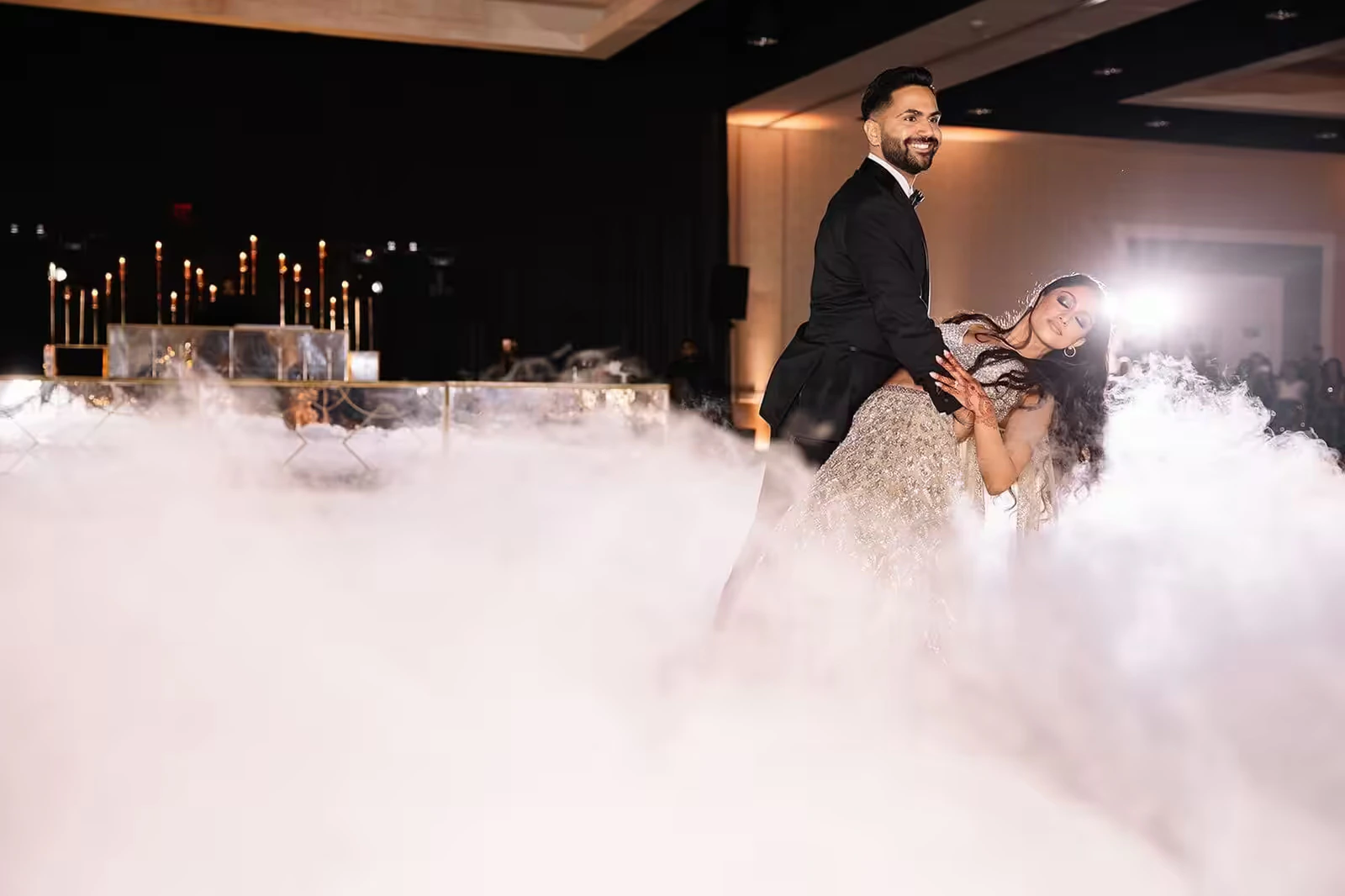 Provo Indian wedding DJ — Dry ice cloud fog effect on wedding dance floor for first dance, Desi Decibel production