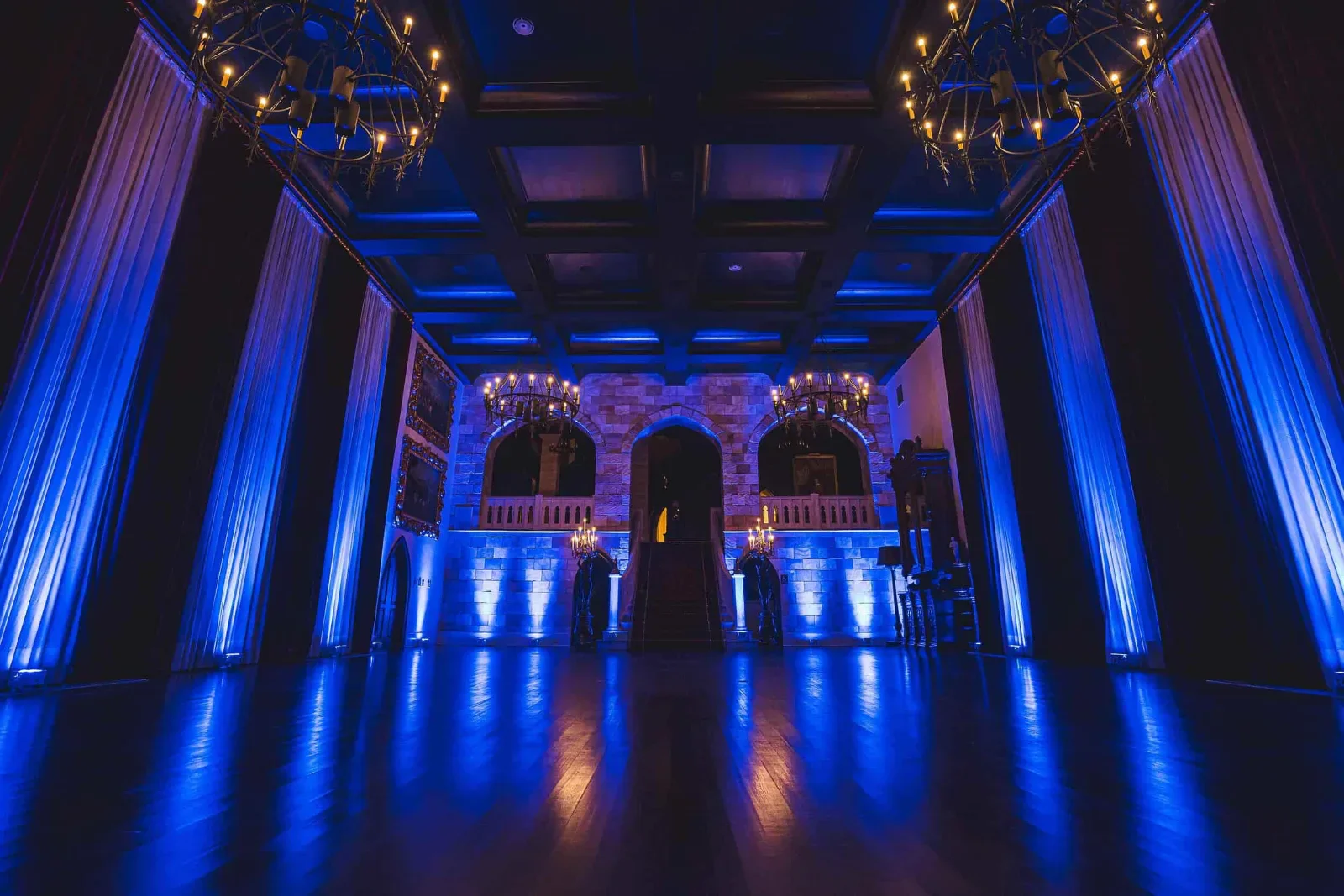 Indian, Pakistani & Punjabi wedding DJ and live dhol in Aurora, IL, Uplighting venue transformation for Indian wedding ballroom reception