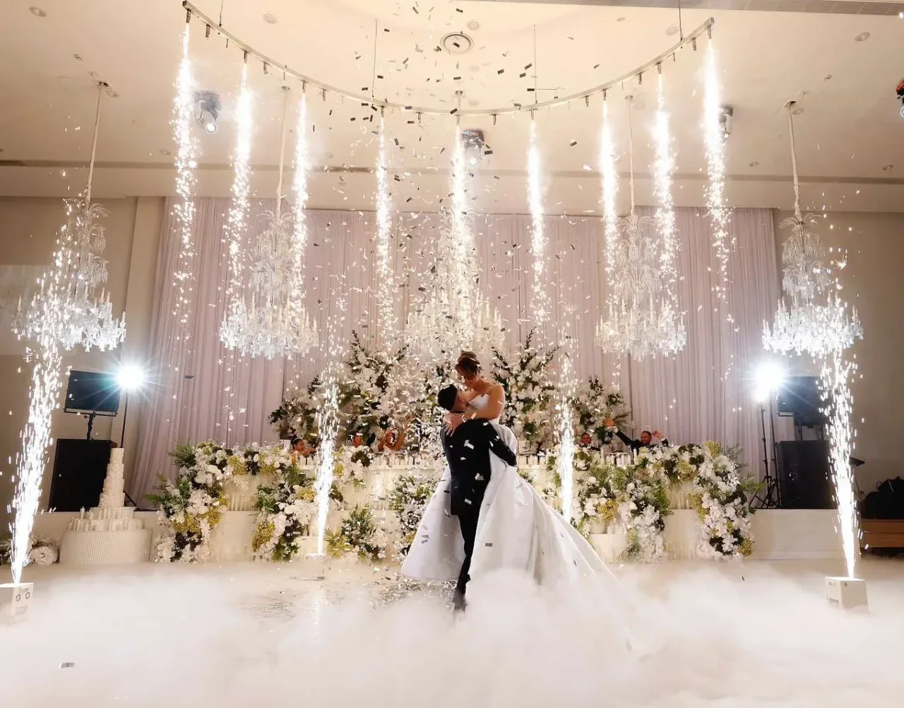 Warwick Indian wedding DJ — Cold spark indoor fireworks during Indian wedding grand entrance at reception