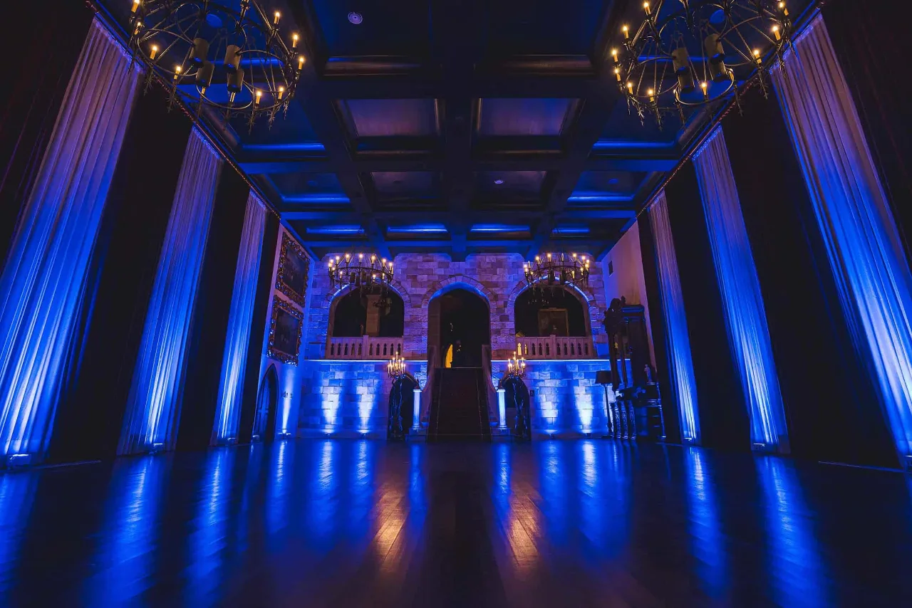 Casper Indian wedding DJ — Wedding venue uplighting transforming ballroom for Indian and Pakistani reception